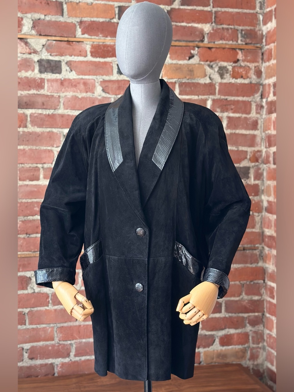 Vintage 90s Black Suede Leather Jacket with Snakeskin Print Trim